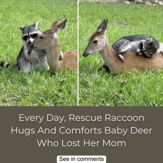 Every day, rescue raccoon hugs and comforts baby deer who lost her mom