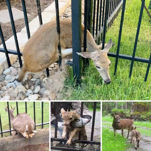 A man frees a baby deer ѕtᴜсk in a metal gate. The fawn quickly runs to its mama after being fгeed