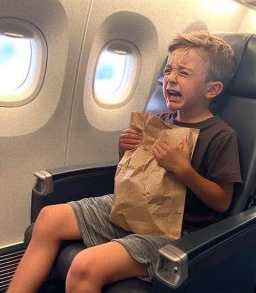 A small boy who wasn’t on the passenger list was crying and holding a paper bag in the aeroplane lavatory